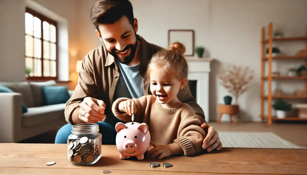 A father teaches his daughter about saving money by counting coins in a cozy home setting.