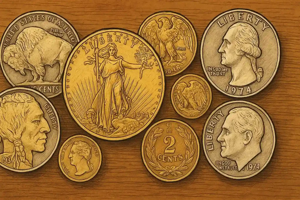 Various US coins are lying on the table, showing obverses and reverses.