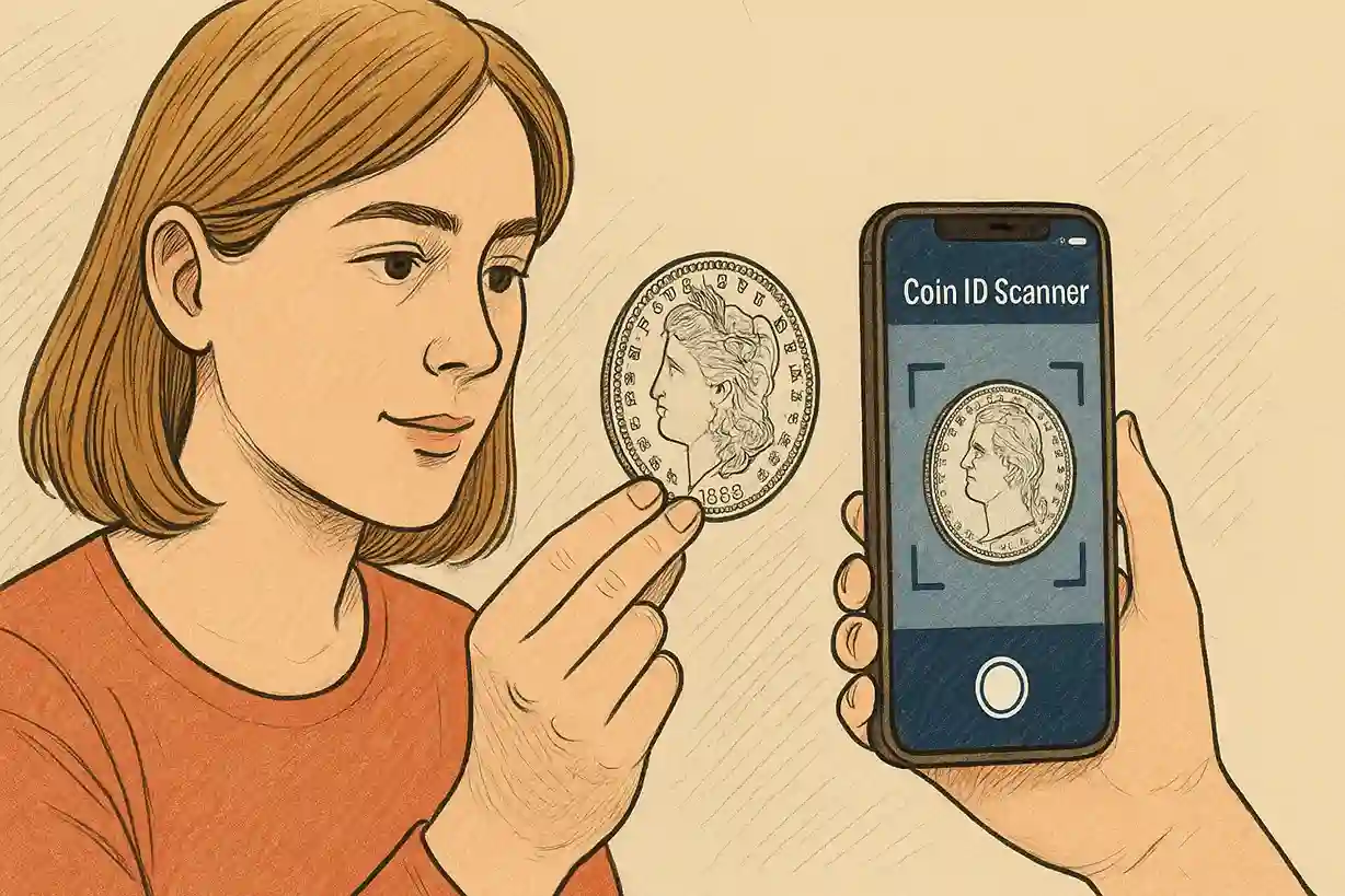 A woman is holding a Morgan silver dollar, scanning it with a Coin ID Scanner.