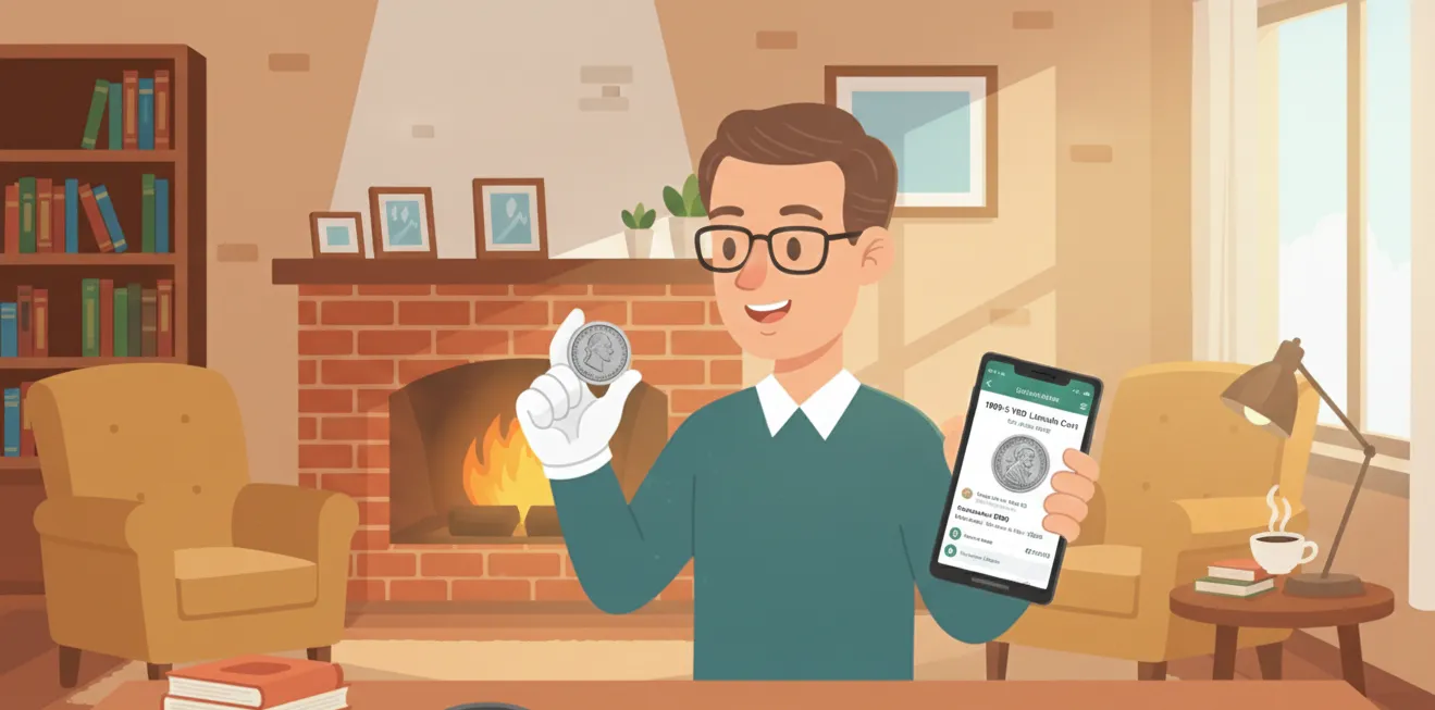 Man holds a Lincoln coin and reads info on it in the phone in the other hand