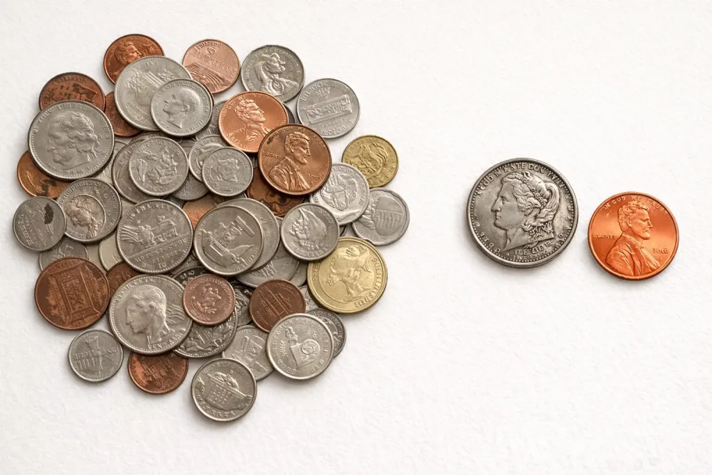 Mixed pocket change with two standout coins separated for closer review.