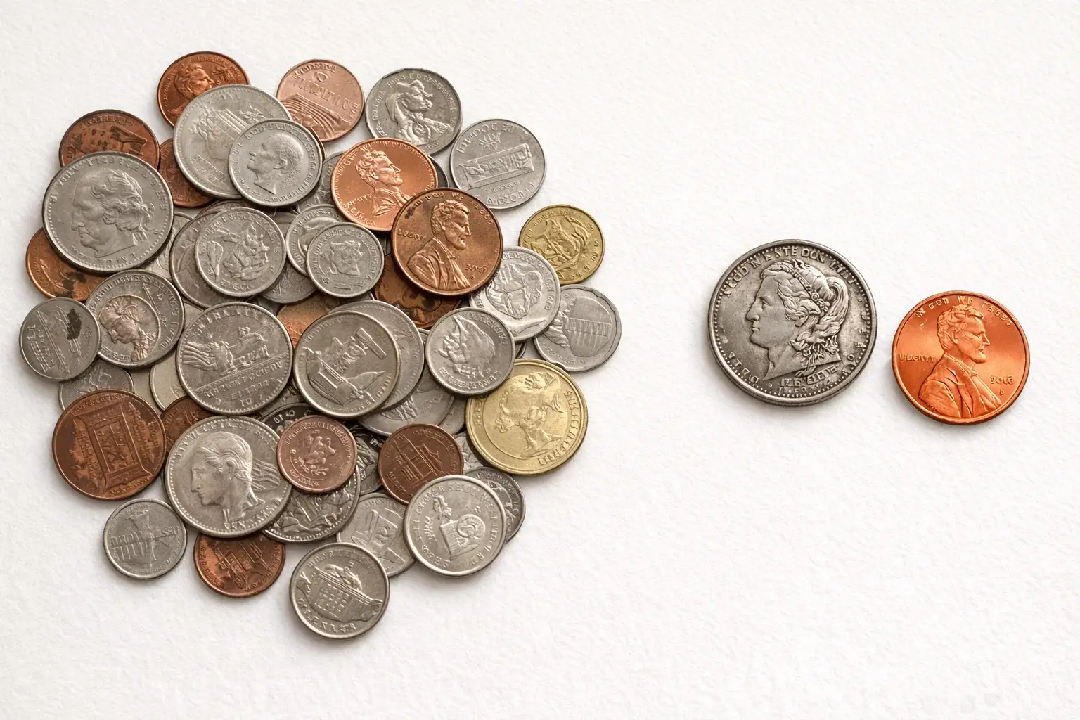 Mixed pocket change with two standout coins separated for closer review.